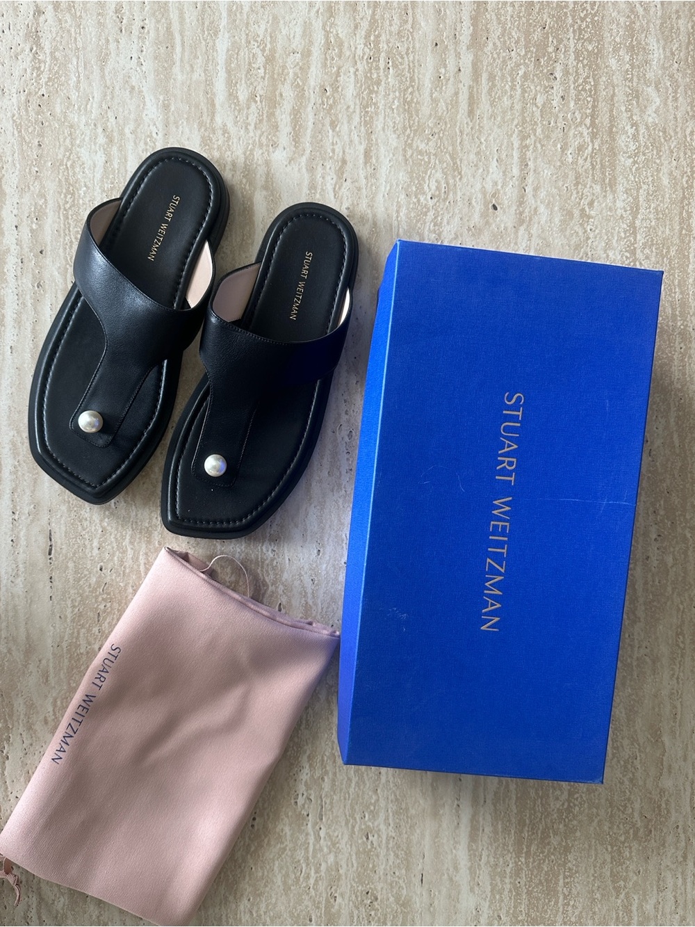 Stuart Weitzman Goldie Flat Sandal Black Leather Pearl Thong Slide 8.5